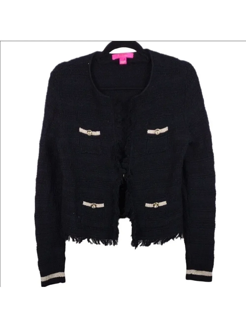 Lilly Pulitzer Black Gold Metallic Textured Knit One Clasp Front Cardigan Jacket
